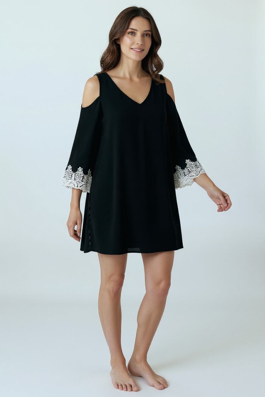 C Est 1946 Cold Shoulder Black Dress Small White Lace Cuffs